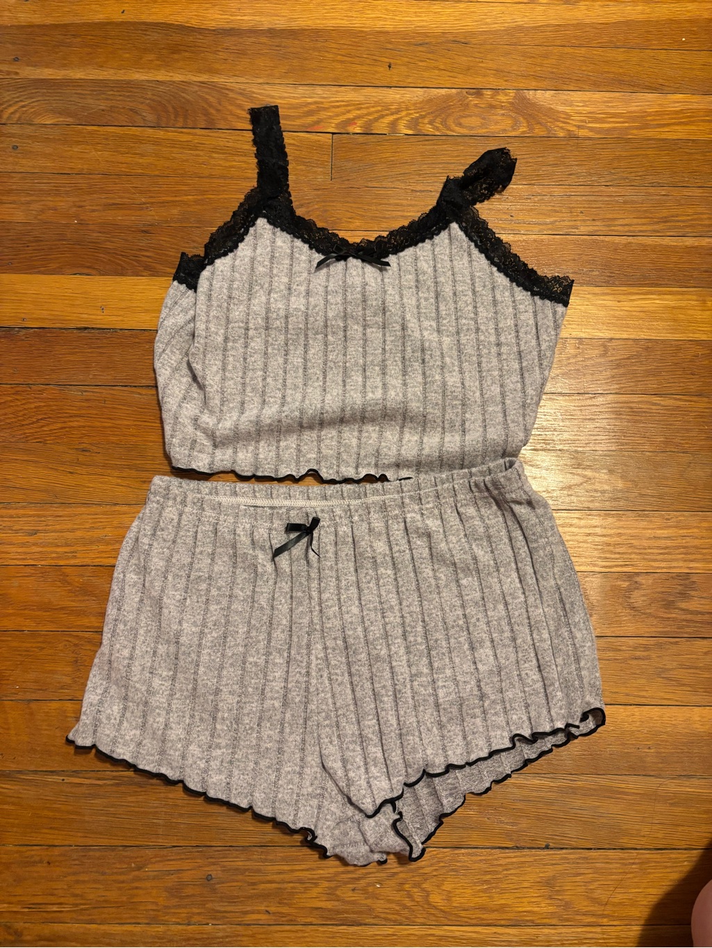 Women's Gray Ribbed Lace-Trim Sleep Set